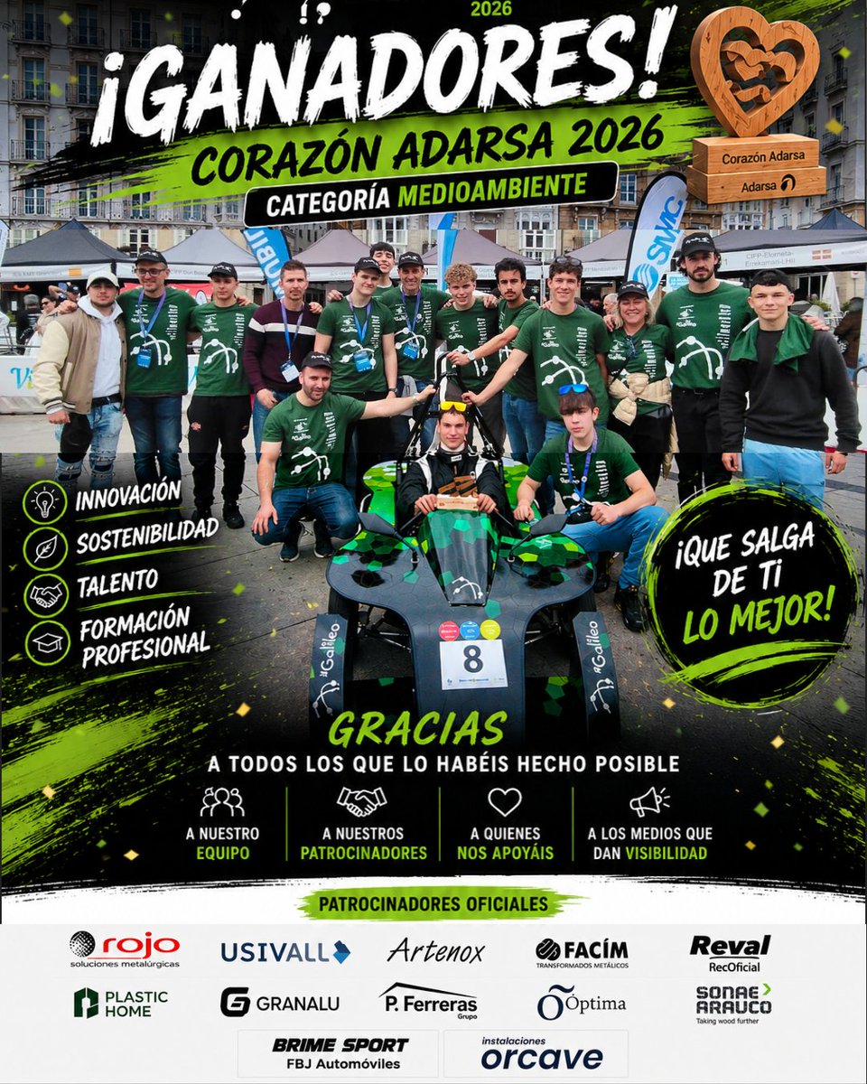 IESGalileo's tweet photo. 🏆 ¡GANADORES DE @CorazonAdarsa2026 en la categoría de Medioambiente! 💚

🙏Gracias a todas las personas que nos habéis apoyado con vuestro voto y a las empresas patrocinadoras que lo han hecho posible.

@grupoadarsa  @euskelec  @FPeuskadi  @tknika  @valladolid https://t.co/mLIohfMwzW