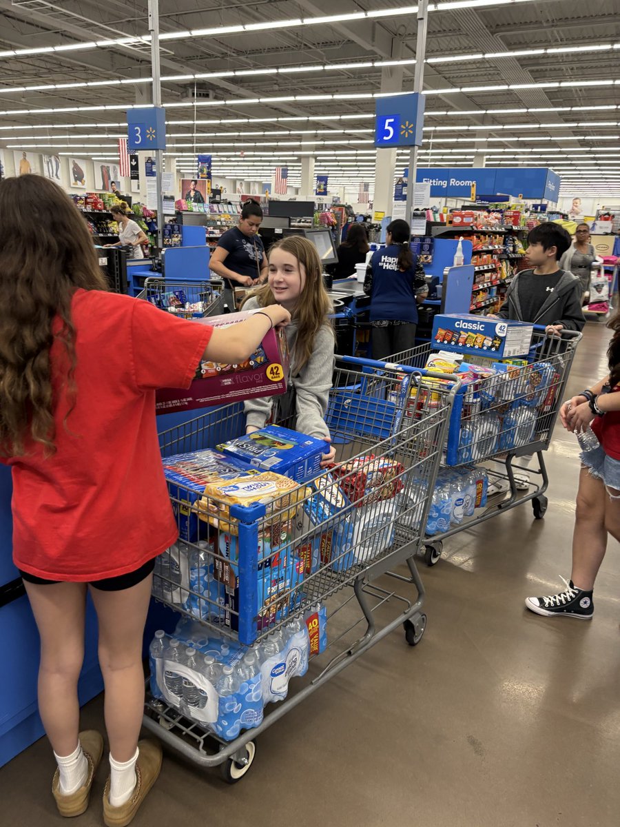 _CrystalMello's tweet photo. Excitement is in the air as we prepare for our annual “Stuff a Bus” on June 4th! ❤️🚌 
Students and staff went shopping at Walmart today with donations supporting the Ronald McDonald House. There’s still time to donate! Drop donated items off in our main lobby. @emeadowschools https://t.co/ORQbXDmbvK