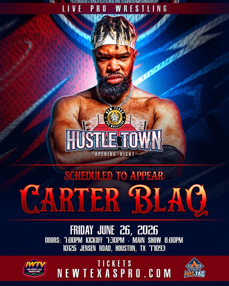 NewTexasPW's tweet photo. ❗️TALENT ANNOUNCEMENT❗️

@The_Carter_Blaq returns to New Texas on Fri, Jun 26 live from our new home in Houston for #HustleTown! 

Already Announced:
- Danny Orion
- Charity King
- KJ Orso 

Less than 14 Front Row Seats Remain!! Grab those TODAY!!

- Live on IWTV & YouTube 
- Concessions will be available 

#HustleTown • 6/26 • 7:30PM
10126 Jensen Dr • Houston 

🎟️: https://t.co/jQswDTPhlV