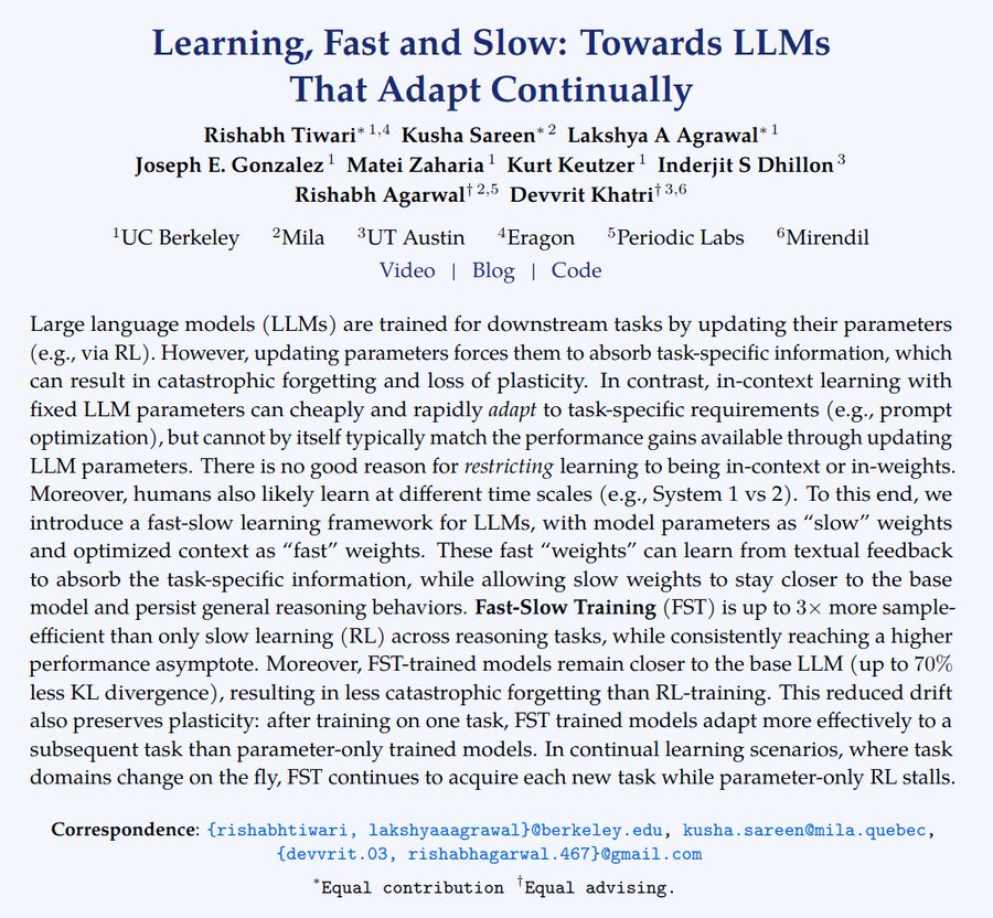 joshua_sirota's tweet photo. Announcing Fast-Slow Training (FST) pairing "slow" weights with "fast" context.

We try to answer the question, can LLMs adapt continually without losing base skills?

FST vs RL:
- 3x more sample-efficient
-Higher performance ceiling
- Less KL drift
- Continual learning: succeeds where RL stalls