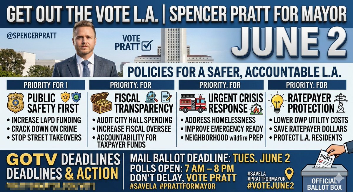 DaneeRowe's tweet photo. @JesseBWatters Absolutely ridiculous. Angelenos deserve better! 🔥 @SpencerPratt is exactly the kind of leader L.A. City Hall needs right now. He’s focused on real fiscal accountability and public safety with common-sense solutions. #TurnoutLA to get 51% for #PrattForMayor to #SaveLA https://t.co/lKnWUvYubC