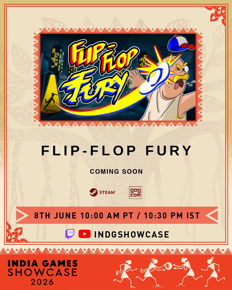 shapeshifterDgt's tweet photo. Flip-Flop Fury is officially in the India Games Showcase 2026!!!

Tune in on June 8 at 10:30 PM IST (10:00 AM PT) for new reveals and amazing games from Indian devs.

Twitch: https://t.co/Rok6lawIVP 
YouTube: https://t.co/ifaKrWV0E9 
SGF: https://t.co/Odo4kbhwbu

Thank you ♥ https://t.co/VAnuqkOPNk