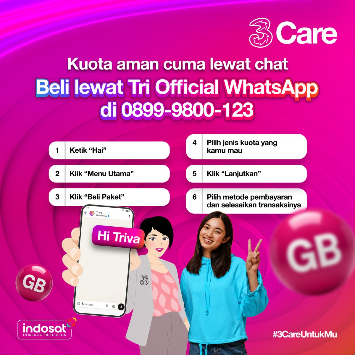 3CareIndonesia's tweet photo. Beli kuota sekarang gak perlu ribet lagi​,
Cukup chat https://t.co/4Z6vhhpxBM, pilih paket favoritmu, dan transaksi langsung beres 😉

#3CareUntukMu #3CareIndonesia https://t.co/kJJqoFwYPy