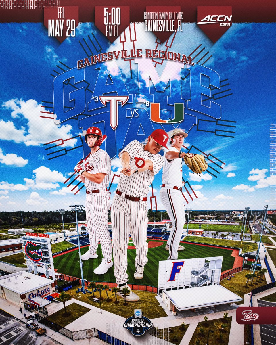 TroyTrojansBSB's tweet photo. 𝙂𝘼𝙈𝙀𝘿𝘼𝙔 𝙞𝙣 𝙂𝙖𝙩𝙤𝙧 𝘾𝙤𝙪𝙣𝙩𝙧𝙮

🆚 | #2 Miami
📍 | Gainesville, Fla.
⏰ | 5 p.m. CT
📺 | ACC Network
📻 | https://t.co/wojO03IpEa
📊 | https://t.co/3y8mXYznou

#WTD | #OneTROY⚔️⚾️ https://t.co/MuAEr0489B
