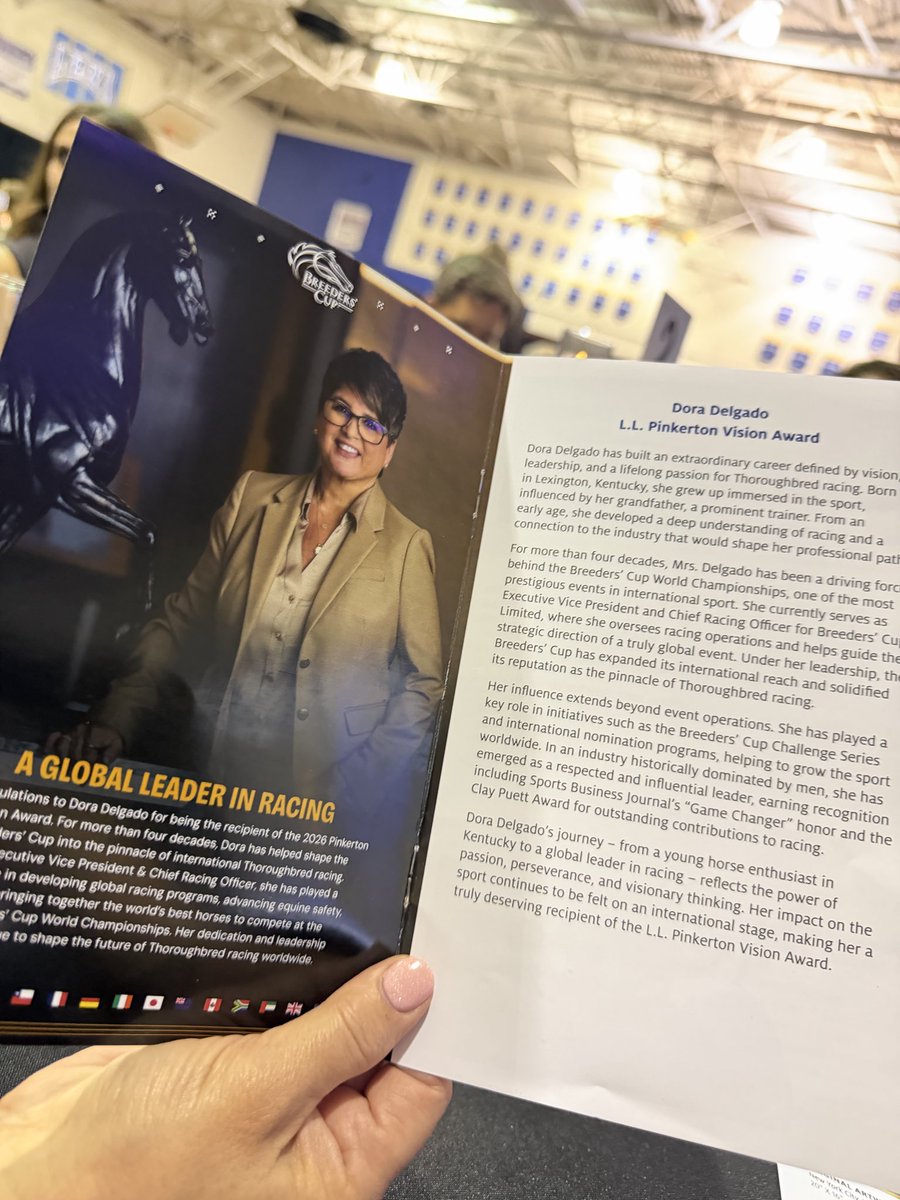 BreedersCup's tweet photo. Thrilled to celebrate @ddelgado64 tonight who received the L.L. Pinkerton Vision Award from @MidwayUniv! 🏆 https://t.co/b4ZYV162Os