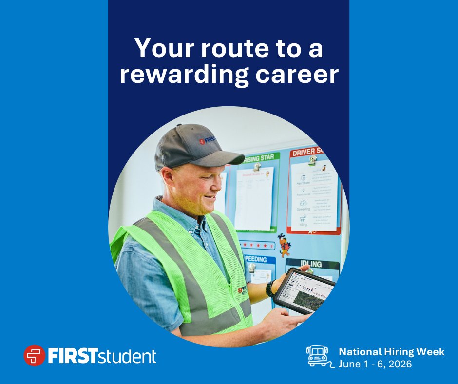FirstStudentInc's tweet photo. Your route to a rewarding career starts here.

We’re hiring:
🚍School bus drivers
🤝Monitors
📍Dispatchers
🛠️Maintenance technicians
🦺Operations, safety &amp; maintenance leaders

Search openings near you at https://t.co/sd8dgCWa6c and apply now!
#NationalHiringWeek https://t.co/fh2JETzZ6o