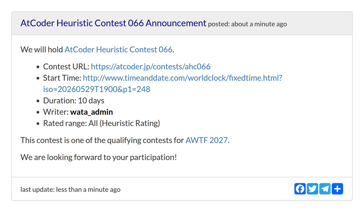 AtCoderInfoBot's tweet photo. お知らせが更新されました
AtCoder Heuristic Contest 066 Announcement
https://t.co/nKc1GcyDhE https://t.co/cs7pTsLDAw