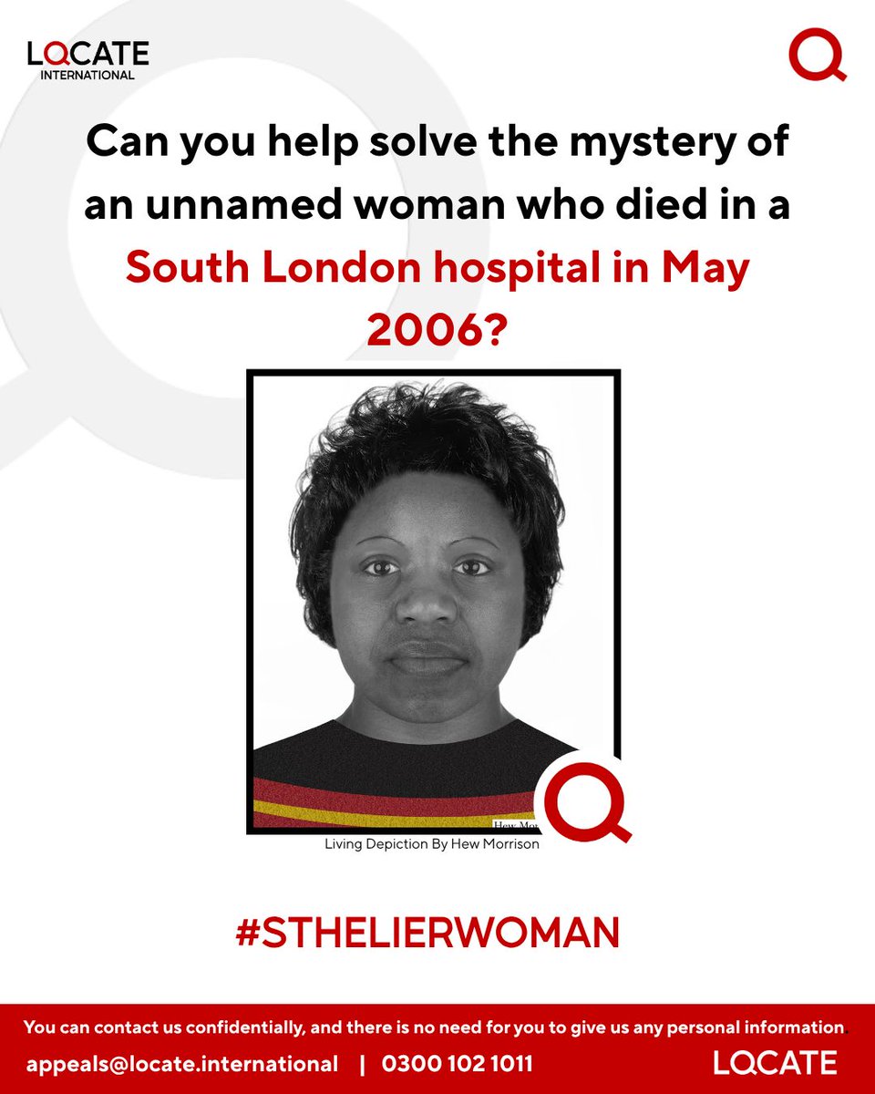 LocateCIO's tweet photo. “St Helier Woman” was found outside St Helier Hospital, Sutton on 29 May 2006 and later died unidentified. Believed to be from Ghana. Do you recognise her?

📧 appeals@locate.international
 ☎ 0300 102 1011

https://t.co/2RonHk7JQu 

#StHelierWoman #Unidentified #ColdCase #Sutton https://t.co/STa2OLdETR