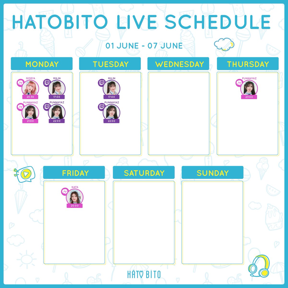 HatoBito_TH's tweet photo. ✨ HatoBito
: Live on TWITCH & JOYLADA :
Schedule 1 June - 7 June
˚ʚ♡ɞ˚--------------------˚ʚ♡ɞ˚
: SNS :
▶ https://t.co/WczBocgndt
#HatoBitoKoiiroSummer #HatoBito #ALotOfTone
#Twitch #TwitchTH #JoyladaOfficial #Joylada #จอยลดา
#Joydom #JoyMagazine https://t.co/PtSG35tmnM