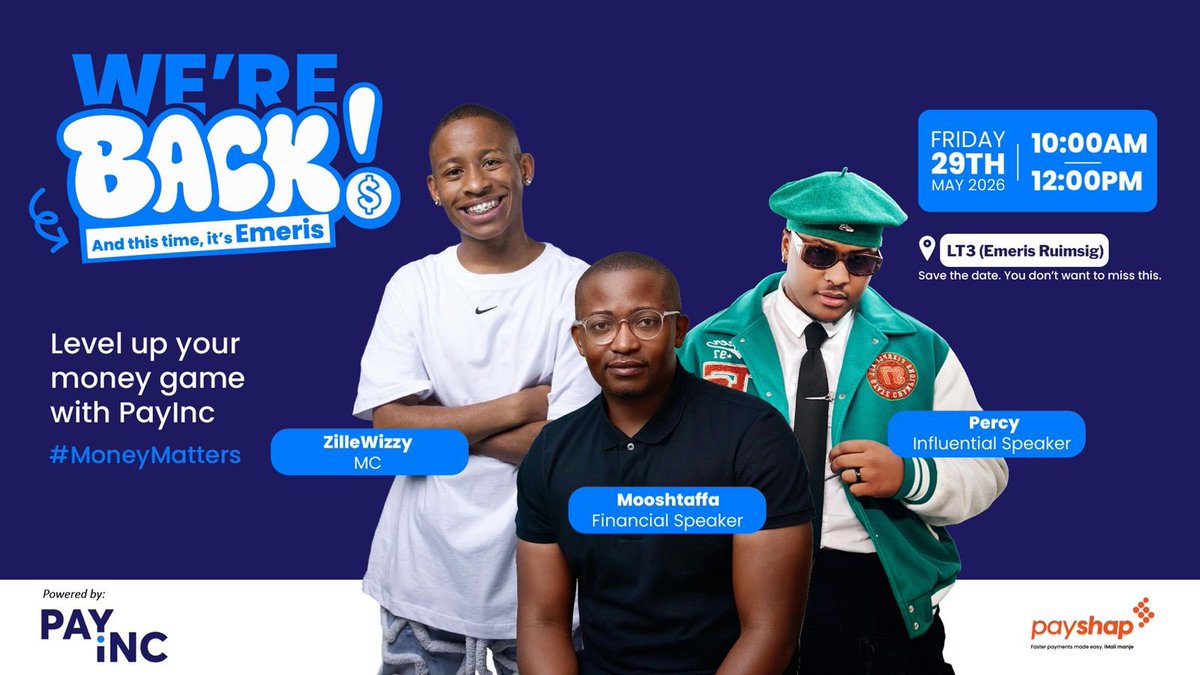 Mazi_slaffa's tweet photo. Wake uppp bestie✨ If you needed a sign to leave the house today… THIS is it!
@PayShap is LIVE TODAY at Emeris Ruimsig with all the real chats on money, budgeting, saving smarter &amp; making boss moves And trust us the line-up is STACKED 👀🔥
#MoneyMatters #PayShap https://t.co/4ZvrLCZC4a