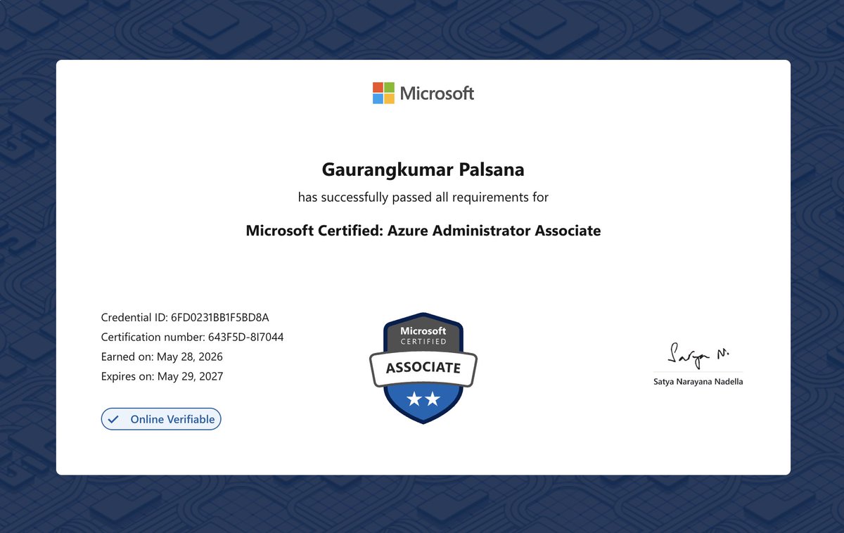 infotechtion's tweet photo. It is our pleasure to announce that Gaurang Palsana is Microsoft Certified: 🔷 Azure Administrator Associate! 
Gaurang's expertise in Microsoft 365 products and technology helps our team provide even better solutions and services. https://t.co/kHItiMFLUr