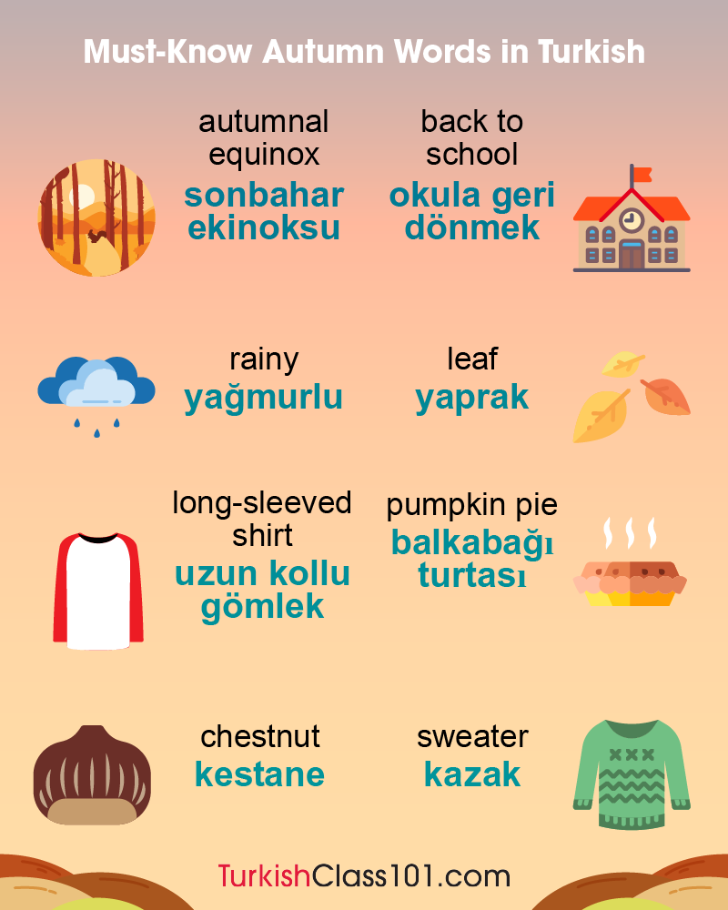 TurkishClass101's tweet photo. Quiz Time: Choose an Autumn-related word or phrase, and use it in a sentence in Turkish! Comment your answer. 😎🍁 P.S. Learn more vocabulary, grammar and phrases FREE: https://t.co/7T61rwtQaB https://t.co/kzMQHO6Wch