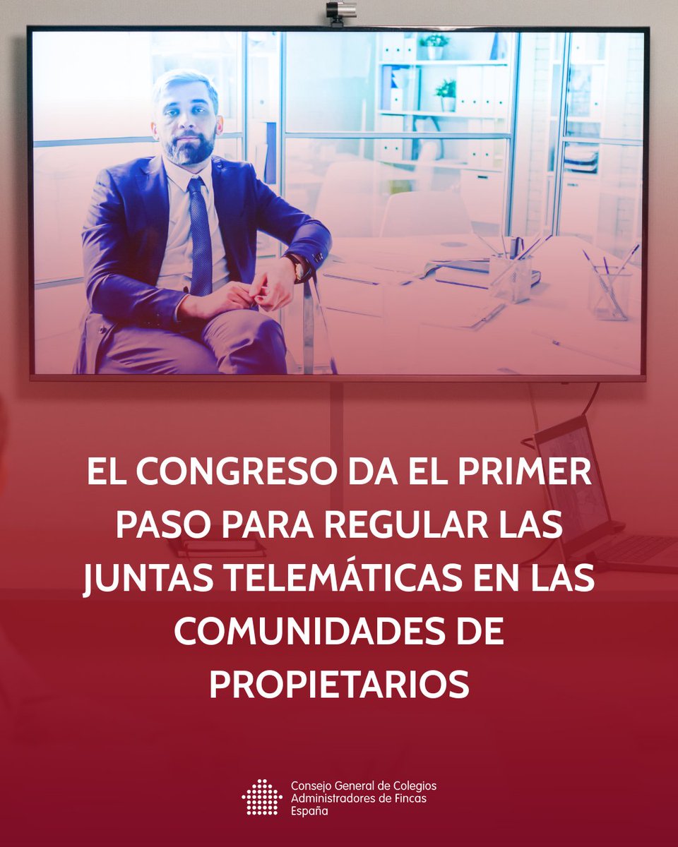 CGCAFE_AAFF's tweet photo. Desde el Consejo General de Colegios de Administradores de Fincas de España valoramos positivamente la toma en consideración de la Proposición de Ley para modificar la Ley de Propiedad Horizontal y permitir, de forma expresa, la celebración de juntas telemáticas y mixtas.

Se trata de un avance importante para adaptar la gestión de las comunidades de propietarios a las necesidades actuales de digitalización, accesibilidad y agilidad en la toma de decisiones.

La propuesta contempla, además, aspectos clave como:
✅ La regulación de juntas por videoconferencia
✅ El domicilio electrónico para comunicaciones
✅ El uso de libros de actas digitales

Una medida que aportará mayor seguridad jurídica y facilitará la participación de propietarios con dificultades de movilidad, residentes en otras ciudades o países o personas que no pueden acudir presencialmente a las reuniones.

Seguiremos trabajando para impulsar una modernización de la Ley de Propiedad Horizontal acorde a la realidad y necesidades actuales de las comunidades de propietarios.

#AdministradoresDeFincas #CGCAFE #PropiedadHorizontal #ComunidadesDePropietarios #CGCAFEComunica