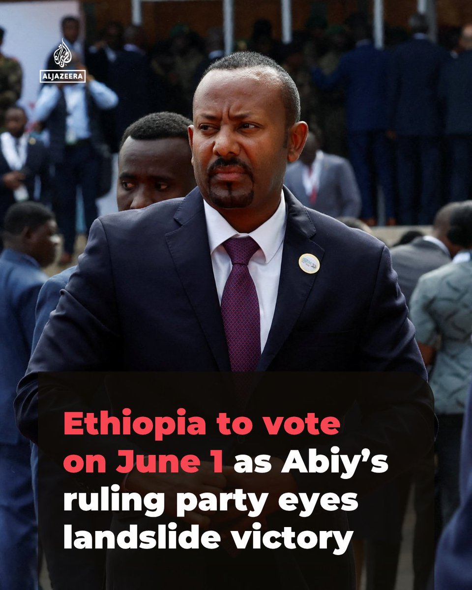 AJEnglish's tweet photo. Ethiopia will hold general elections on June 1, 2026, with PM Abiy Ahmed’s governing Prosperity Party (PP) widely expected to secure a decisive victory https://t.co/4dzHA8HtTl https://t.co/Jx9WkhIDRW