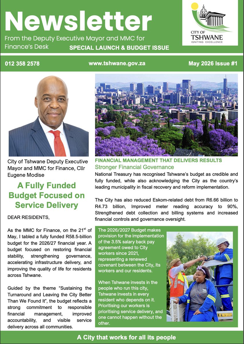 eugene_modise's tweet photo. Good morning Residents, please see the launch issue of the Newsletter from the Desk of the Deputy Executive Mayor and MMC for Finance of Tshwane. Please read, enjoy and interact with us on social media channels.
@CityTshwane https://t.co/Xn1MZk6RRt