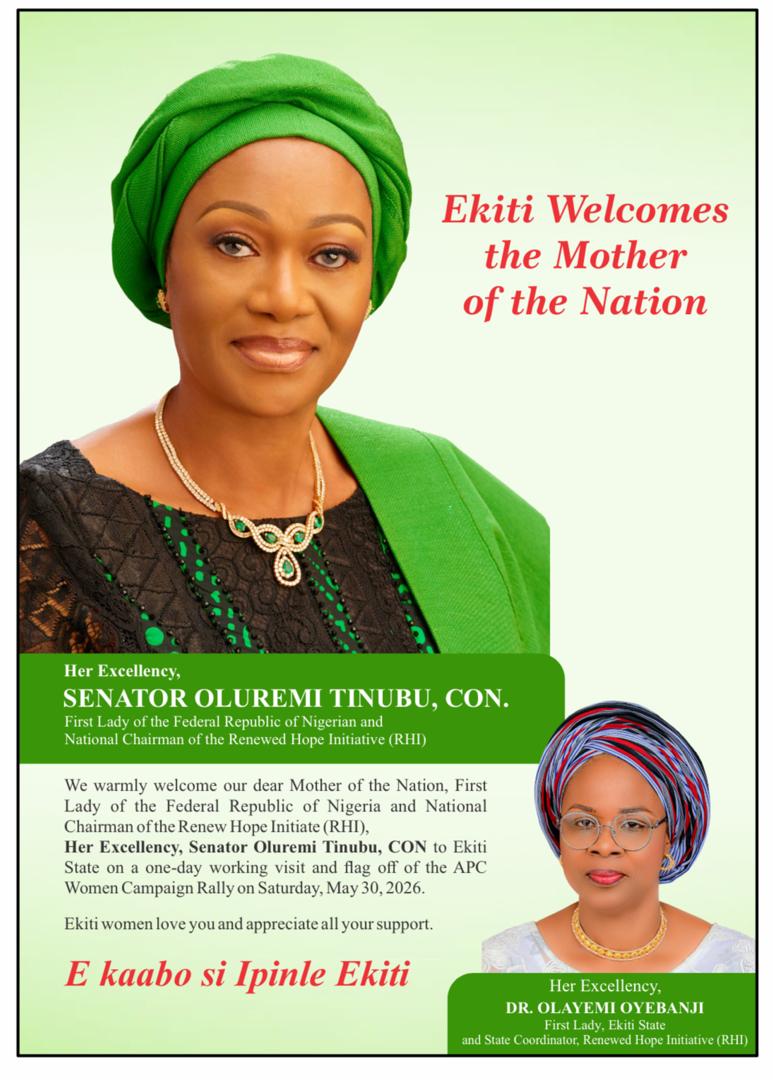 GcfrOba's tweet photo. A warm welcome to Ekiti State,Her Excellency, Senator Oluremi Tinubu, the First Lady of the Federal Republic of Nigeria. We celebrate her grace, continued service to the nation, and her commitment to uplifting vulnerable Nigerians through the Renewed Hope Initiative.

BAO2BAO https://t.co/GY8L9PSSfH