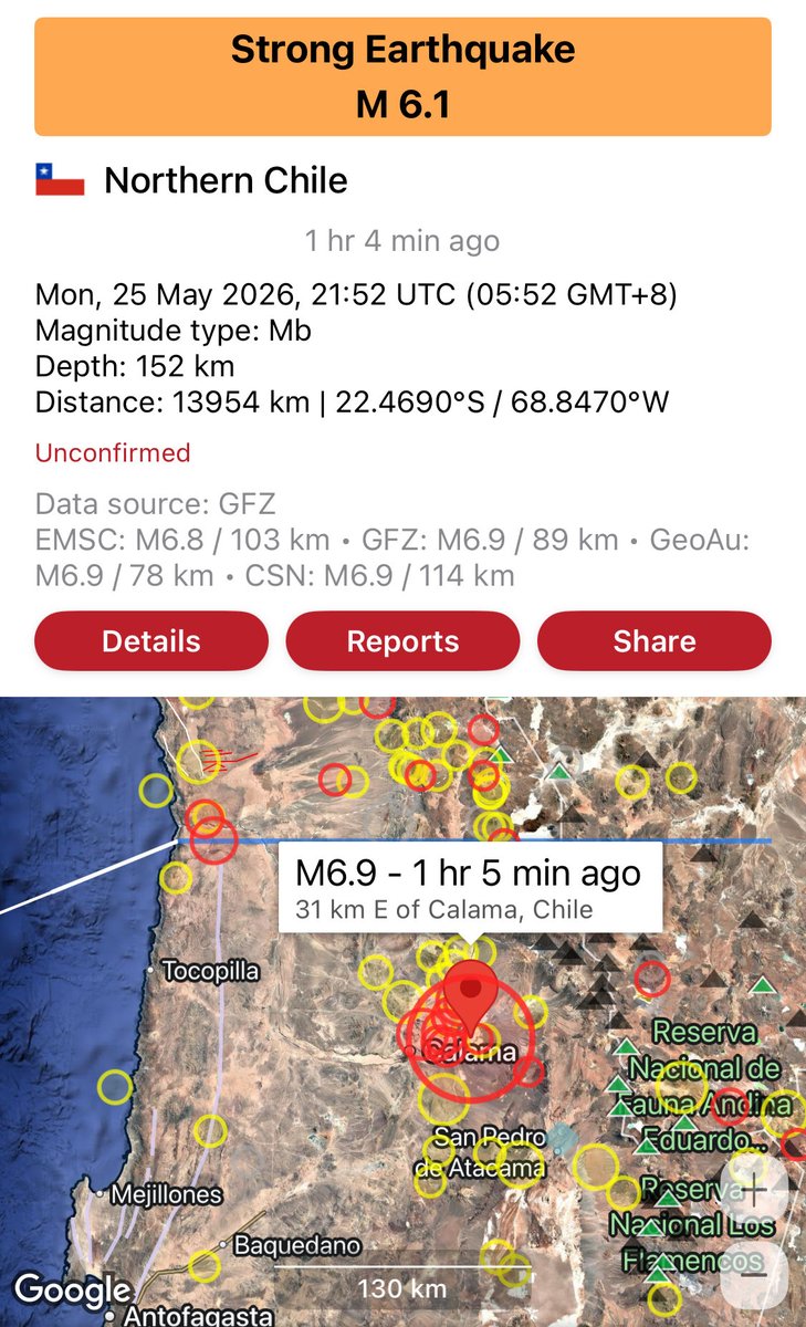 ic_coates's tweet photo. An update on some of the more notable tectonic activity which both caused extensive structural damage and power outages, etc. But fortunately with no injuries sustained? These occurred during a recent period away travelling 
#Hawaii #Honaunau ~ 23 May 2026
Strong Earthquake:
Mag: 6 | Depth: 22km
12km S of Honaunau
Widely reported by many (740+) across the ‘Big Island’ of Hawaii and its active volcano Kilauea. Evidently the mass of the Islands are also reported to be affecting the Pacific plate below

#Chile #Calama ~ 25 May 2026
Strong Earthquake
Mag: 6.9 revised to 6.1 | Depth: 152km
31km E of Calama
Damage appears to have been minimised due to its depth

Other Mag: 6+ events occurred offshore in the more remote regions of our oceans the last 2 Mag: 6 occurred 950+km SW of Southport in Tasmania though the structure of ocean floor faults will have modified from these atomic bomb level events…
Please Keep Safe ❤️