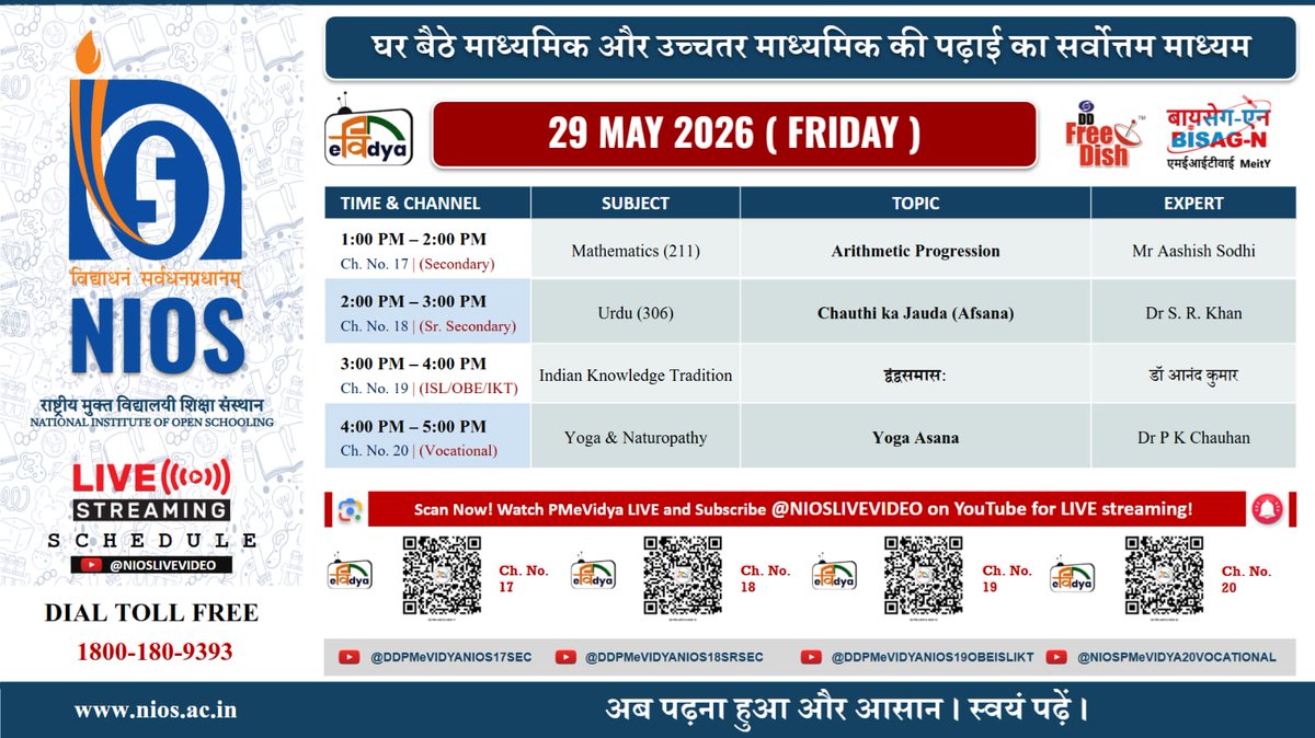 niostwit's tweet photo. 📺 NIOS LIVE PCP | 29 May 2026 (Friday)
➗ Mathematics (211)
📝 Urdu (306)
🕉️ Indian Knowledge Tradition
🧘 Yoga & Naturopathy
⏰ 1:00–5:00 PM | PM eVidya
🔗 https://t.co/qYIbmwBbG2
#NIOSLive #PMVidya #OpenSchooling #DigitalEducation #NIOS #LearningForAll #EducationAnywhere https://t.co/AeOIkV4FRZ