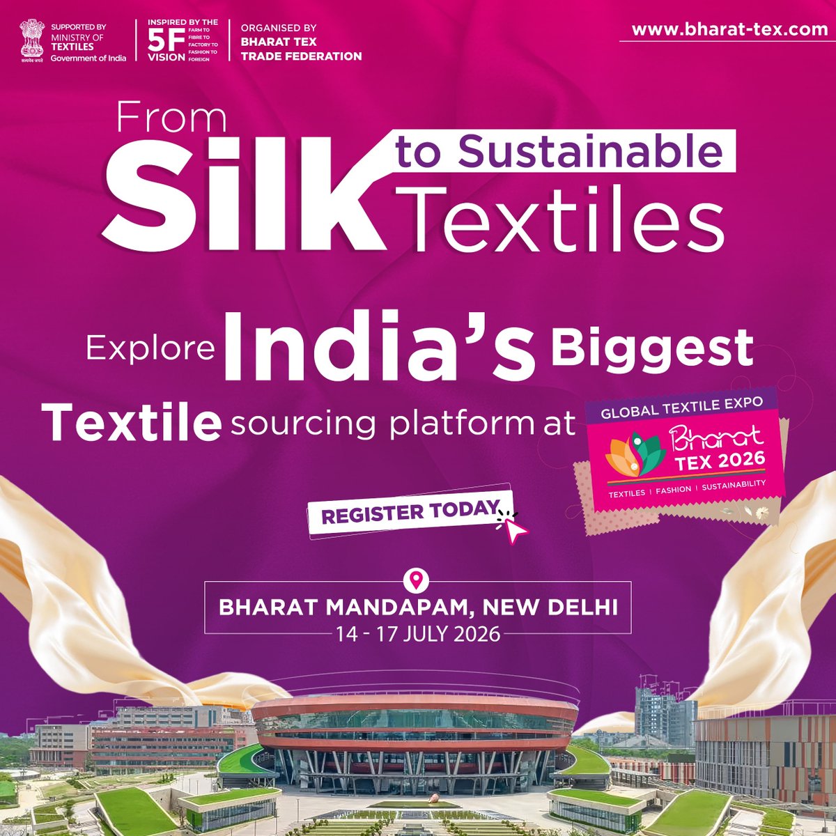 Bharat_tex's tweet photo. Bharat Tex 2026 brings 5,500+ verified apparel exporters, vertical mills, and sustainable fabric innovators to New Delhi.

     July 14–17, 2026
📍 Bharat Mandapam, New Delhi, India

Register for exclusive international delegate and B2B matchmaking benefits.