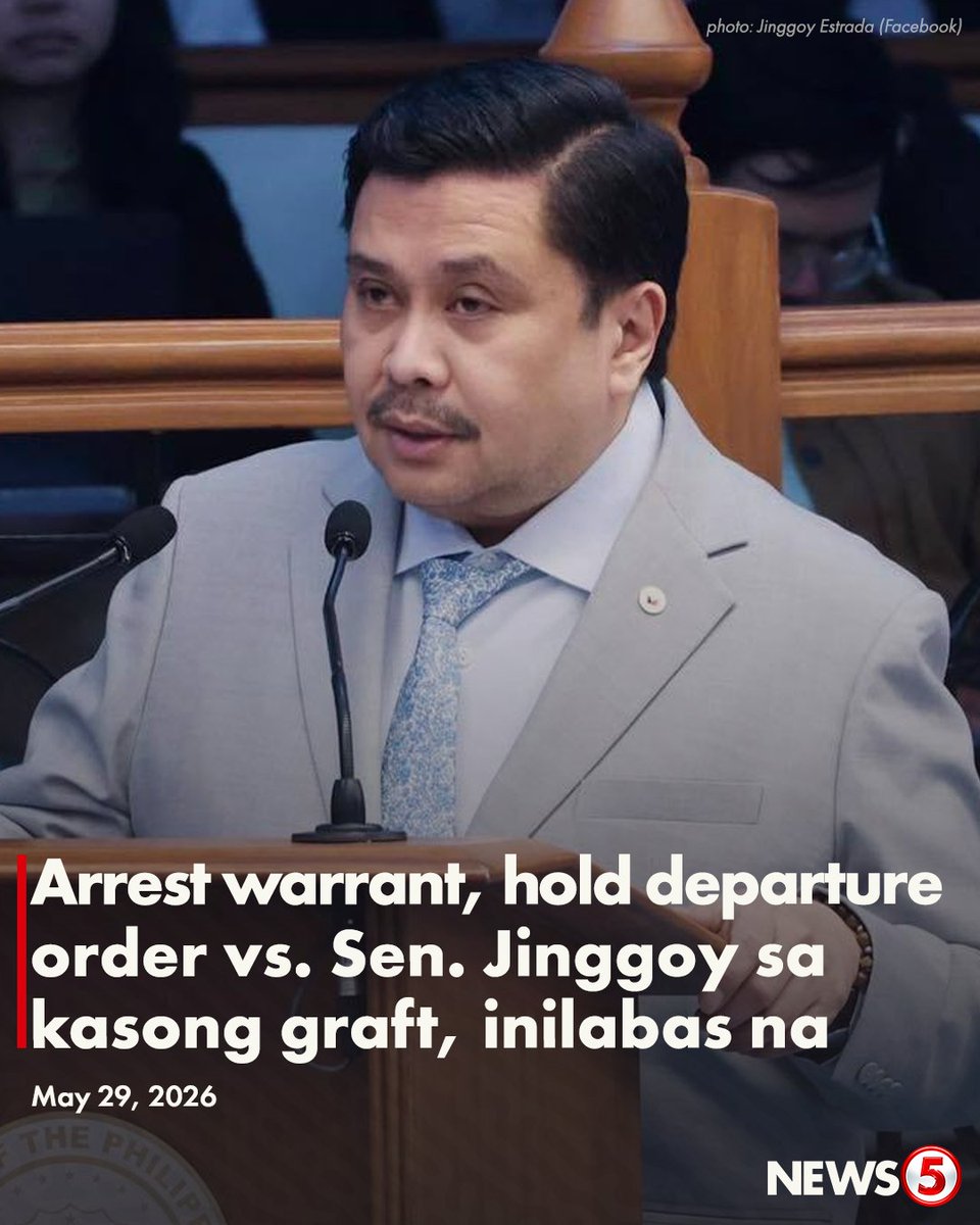 News5PH's tweet photo. PINAARESTO NA SI SEN. JINGGOY

Naglabas ang Sandiganbayan 2nd Division ng warrant of arrest at hold departure order laban kay Sen. Jinggoy Estrada para sa kasong graft kaugnay ng flood control scandal ngayong Biyernes, May 29.

Samantala, wala pang inilalabas na hiwalay na arrest warrant ang Sandiganbayan 5th Division na humahawak sa kasong plunder ni Estrada. | via Camille Samonte