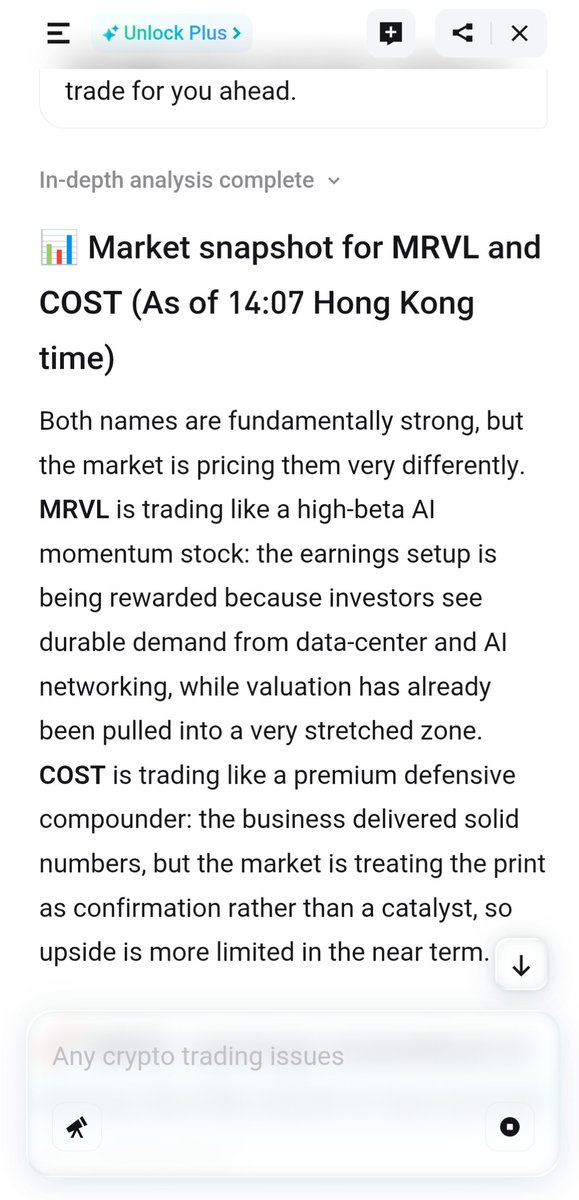 GOO_AAT's tweet photo. Checked #GetAgent before opening this $MRVL long 👀
Strong earnings + #AI momentum made the setup look solid: Revenue up 28% YoY and demand still holding strong
Now waiting for $COST earnings later today. Bitget 24/7 trading makes these earnings plays way easier 🔥
What’s your prediction for MRVL and COST?