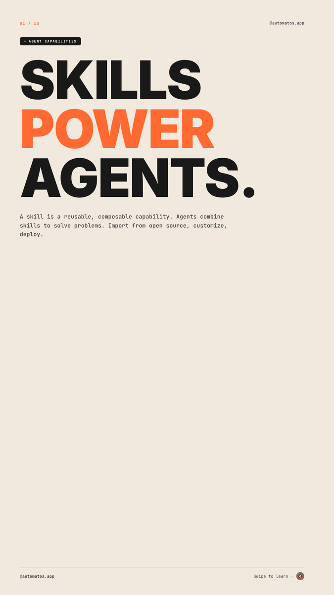 AutomatosAI's tweet photo. Skills — A skill is a reusable, composable capability. Agents combine skills to solve problems. Import from open source, customize, deploy.

#automatos #aiagents #automation #orchestration #agentic https://t.co/K9T1XF7BM9