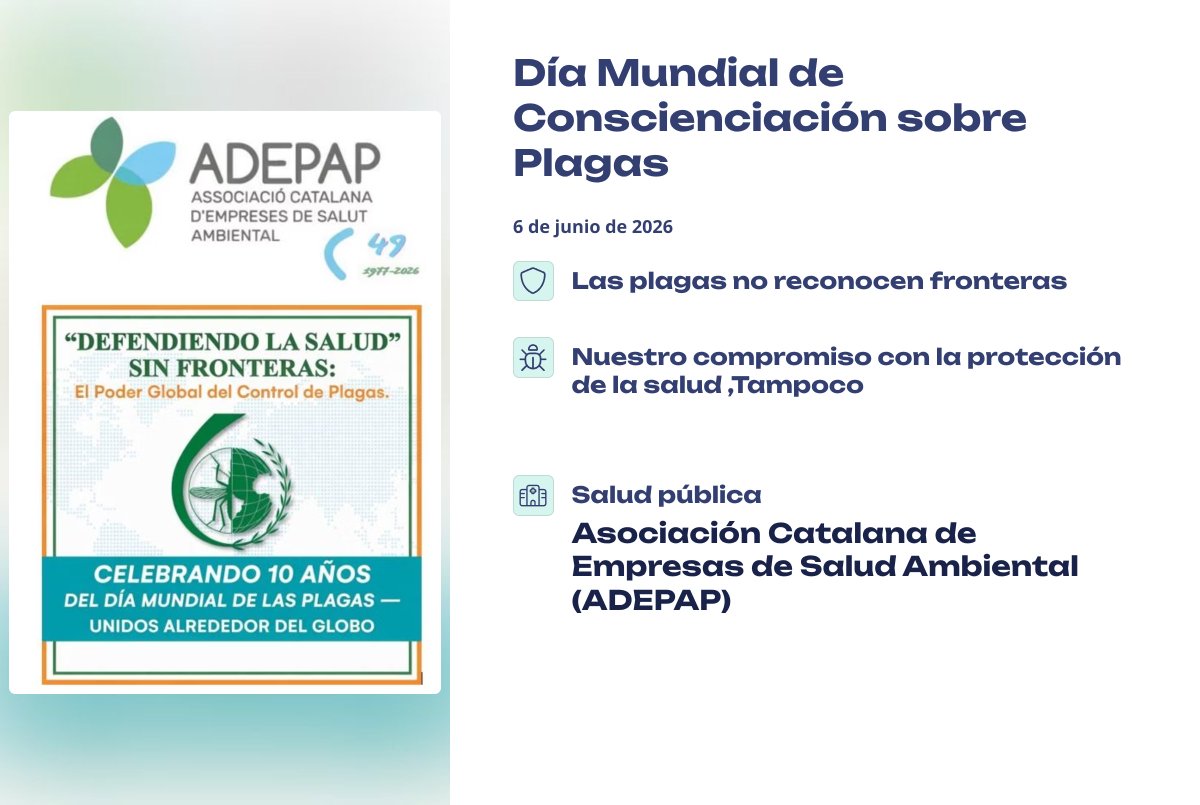 ADEPAPcat's tweet photo. Associació Catalana d´Empreses de Salut Ambiental (ADEPAP)

6  juny Dia Mundial sobre la conscienciació sobre plagues

Les plagues no reconeixen fronteres, i tampoc el nostre compromís amb la protecció de la salut

#adepap #sanitatambiental  #controldeplagues #WorldPestDay2026 https://t.co/vE9smrv3RD