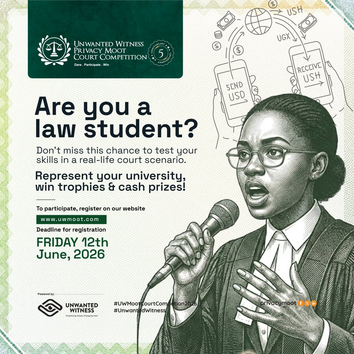 PrivacyMoot's tweet photo. Represent your university at the 5th Edition of the #UWPrivacyMoot ⚖️

Compete with top law students from across East Africa, sharpen your advocacy skills, engage with emerging issues in privacy and data protection, and stand a chance to win exciting cash prizes.

Registration is still open for all Faculties and Schools of Law across East Africa.

📌 Deadline: 12th June 2026
🔗 https://t.co/iNRFc0Wjc4