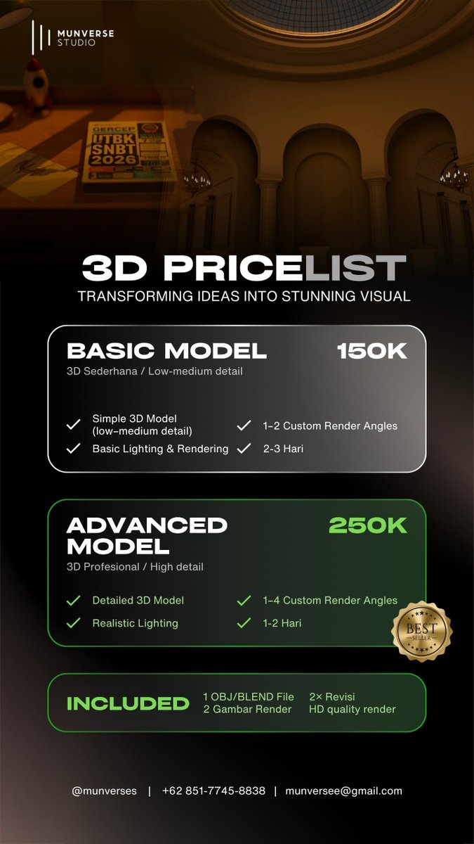 mynamark's tweet photo. Aku lagi buka jasa 3D modeling &amp; rendering mulai dari 150K aja nih, harga masih bisa ditawar sesuai tingkat detail dan request kamu!

Kalau tertarik atau mau konsultasi dulu, langsung chat WhatsApp ya 📲
https://t.co/4B9XRiiYfR

#zonauang #BU #zonajajan #joki #3dmodel #blender https://t.co/ugU1aMf2p8
