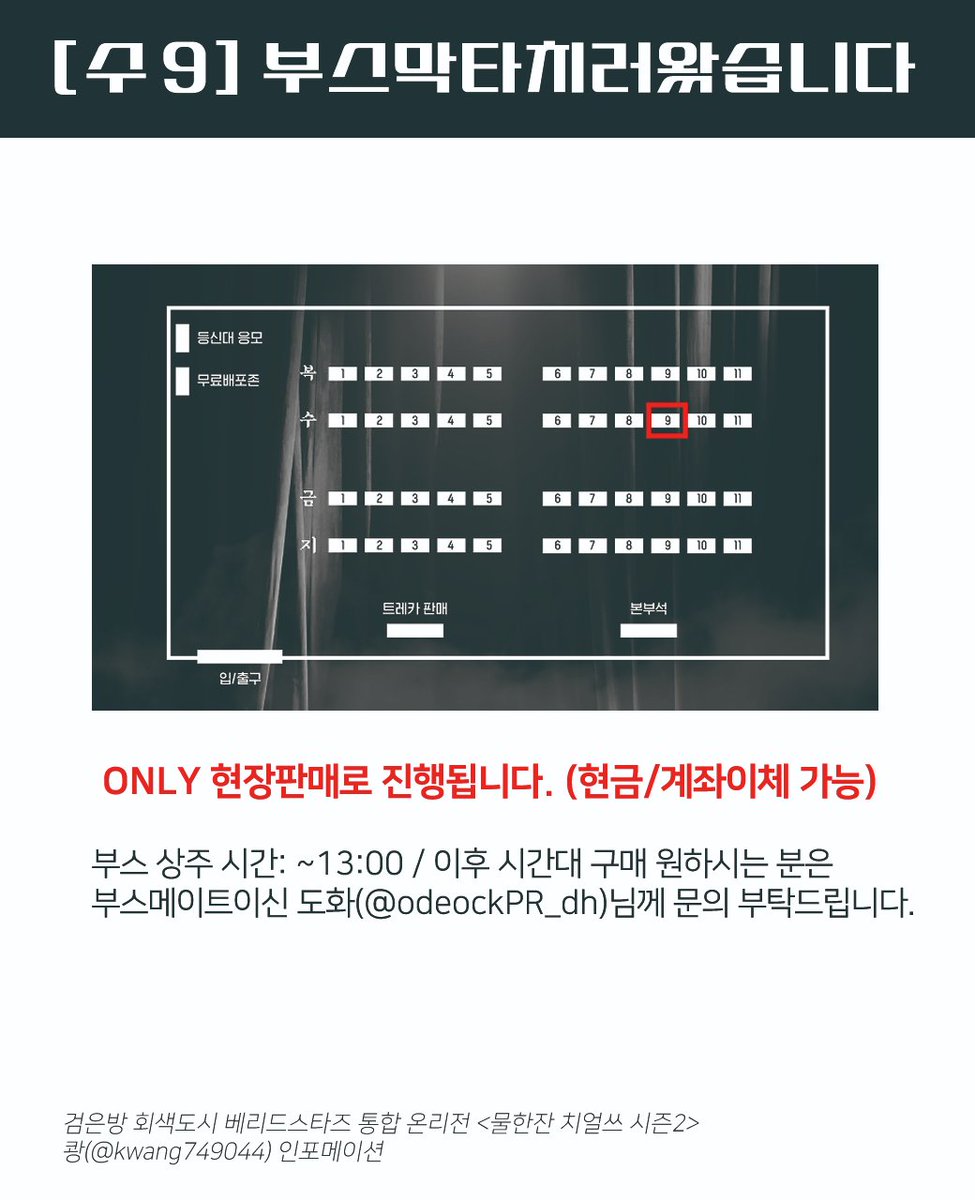 kwang749044's tweet photo. 물한잔 치얼쓰 시즌2 [수 9] 부스 쾅 인포입니다!
회지는 각 30부(파본 대비 수량x)/지류 10매 내외입니다. 개인 사정으로 1시 이후에는 행사장 밖으로 나가 보아야 하여, 같은 부스의 도화님께 문의 부탁드립니다 🥲 멘션이나 디엠 주시면 구두예약분 마련해 놓을게요! https://t.co/KAo9wSYVyB