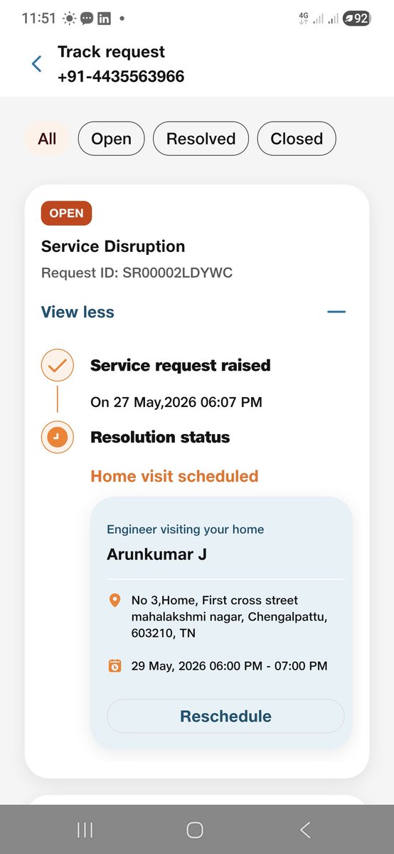 dheenah06's tweet photo. Service request raised on 27th May still no response. Pathetic service @JioCare @reliancejio. https://t.co/b1dTwmafhA