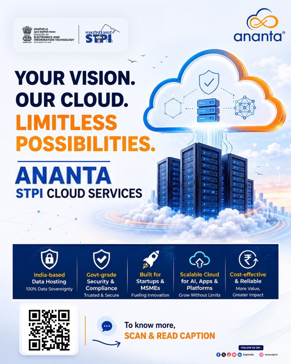 stpiindia's tweet photo. Empower your organisation with Ananta STPI Cloud Services designed for speed, security and scalability 🛡️💻

Built to power #AatmanirbharBharat, Ananta offers scalable, high-performance cloud services — including DBaas, compute services, data analytics, network services and AI/ML services, ensuring your data remains secure and sovereign within India. 

Our platform empowers enterprises and government departments with:
✅ Security: Built-in compliance and advanced data protection
✅ Scalability: Seamlessly adapt to growing workloads
✅ Cost-Efficiency: Optimise resources with a self-service console

For more information, visit: https://t.co/2DgmUAweDc

#CloudComputing #DigitalIndia #STPI #MadeInIndia #TechInnovation #Innovation #DigitalIndia #Ananta #Cloud #STPIINDIA #Storage #Computing #DataProtection 

@GoI_MeitY @AshwiniVaishnaw @JitinPrasada @SecretaryMEITY @arvindtw @_DigitalIndia @NeGD_GoI @startupindia @Anantacloud @NICMeity @meitystartuphub @digilocker_ind @UmangOfficial_ @CSCegov_ @_BHASHINI @startupindia