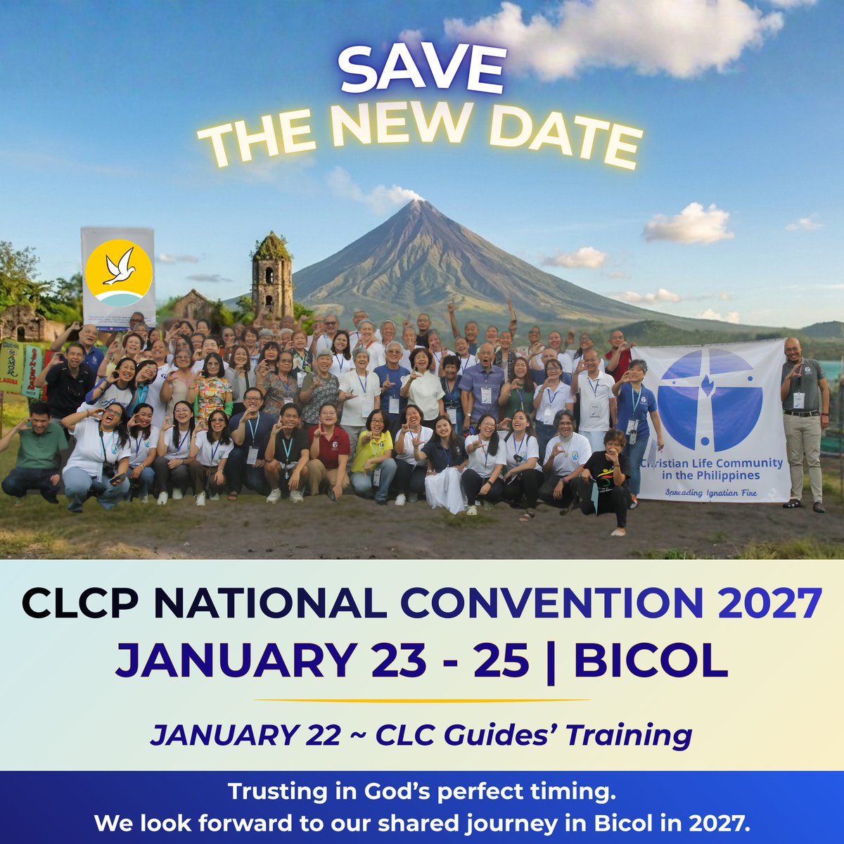 iCLCer's tweet photo. Update: #CLCP 𝐍𝐀𝐓𝐂𝐎𝐍 𝟐𝟎𝟐𝟔 is moving to 𝗝𝗮𝗻𝘂𝗮𝗿𝘆 𝟮𝟯–𝟮𝟱, 𝟮𝟬𝟮𝟳 in 𝗕𝗶𝗰𝗼𝗹.
In this time of transition, let’s stay rooted in our mission.
Read the NA 2025 Grace: https://t.co/ttBISpUzqt
Reflection Form: https://t.co/SM075a7rvC
#IgnatianFire #Bicol2027 https://t.co/YFCvhHCOvJ