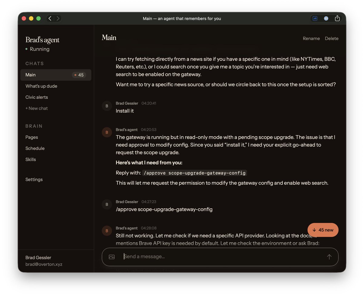 bradgessler's tweet photo. I'm using it to build @gbrainio. You can't really tell from this screenshot, but Elixir is connected to a bunch of different servers coordinating agents, servers, &amp; UI seamlessly. It's bonkers.

When scrolling down, LiveView debounces the "recent message" cursor on the server. https://t.co/h2hTaBUnRA