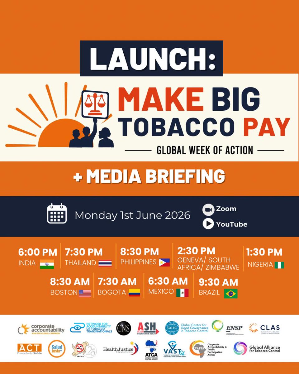 SEATCAdotOrg's tweet photo. Launch: #MakeBigTobaccoPay Global Week of Action + Media Briefing

June 1, 2026 | 8:30 AM Boston/NY time
Zoom + YouTube

Join advocates worldwide calling on governments to hold Big Tobacco accountable.

Register: https://t.co/8L8rIaAJpS https://t.co/NrBZd8Db5J