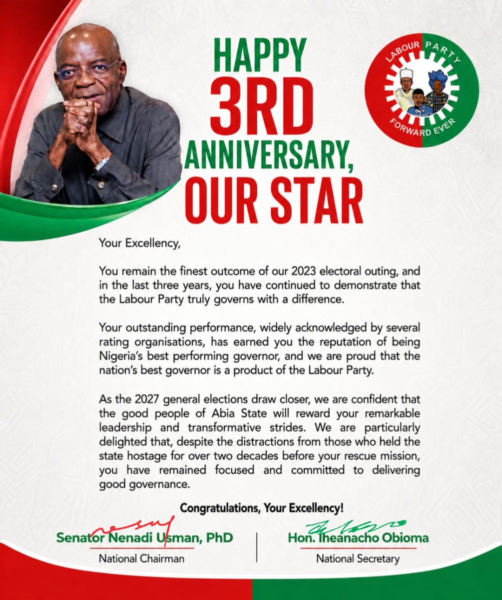 SenNenadiUsman's tweet photo. Happy 3rd anniversary Gov. Alex Chioma Otti, our pride 👇 https://t.co/fbDKK39J8p