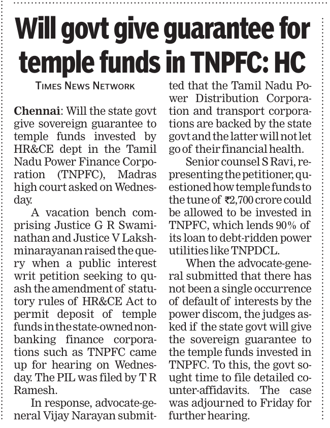 trramesh's tweet photo. Not less than Rs.2700/- Crores of Temple Funds illegally invested in BBB(-) rated Tamil Nadu Power Finance and Infrastructure Development Corporation Ltd.  

     An NBFC owned by Tamil Nadu Government but not guaranteed by it. 

      On Wednesday Hon'ble Division Bench asked the Learned Advocate General and the Learned Additional Advocate General whether TN Govt will guarantee the safety of temple deposits  -  

  Lets see what the Government is going to say today    during the hearing