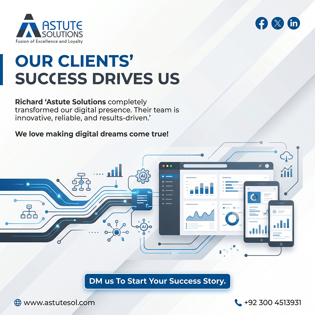 AstuteSolution's tweet photo. Our clients’ success is what drives us every day. Astute Solutions helps businesses grow through scalable websites, AI-powered systems, automation, and modern digital solutions designed for real results. Let’s build your success story.
https://t.co/vMnemmbeVC
#ClientSuccess #AI https://t.co/EZXkjtOFoP