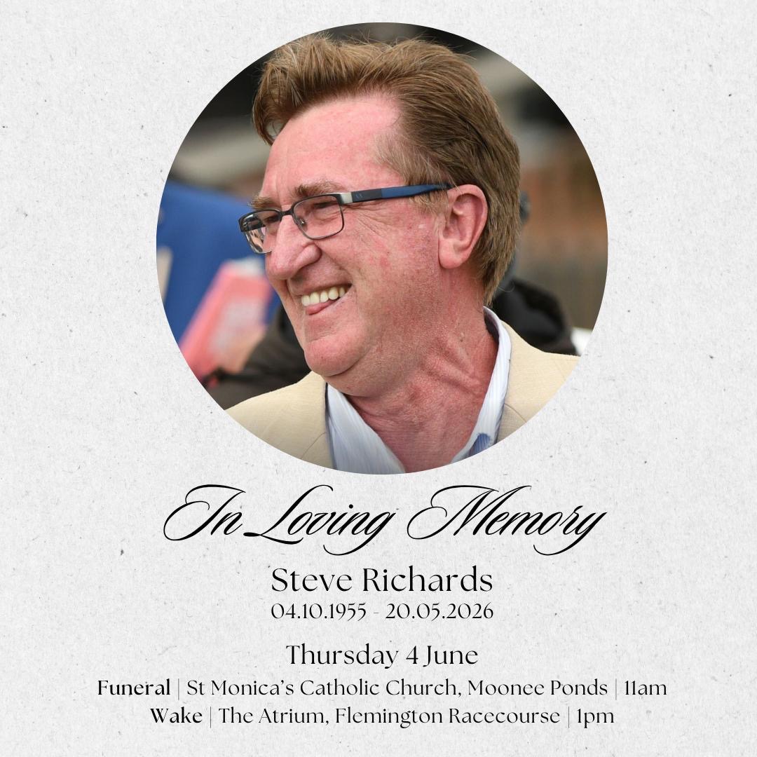 RacingVictoria's tweet photo. Vale Steve Richards 🕊️

Please see below for funeral details for Steve Richards.

Our thoughts and condolences remain with family and friends 🤍 https://t.co/eeAwgydieQ