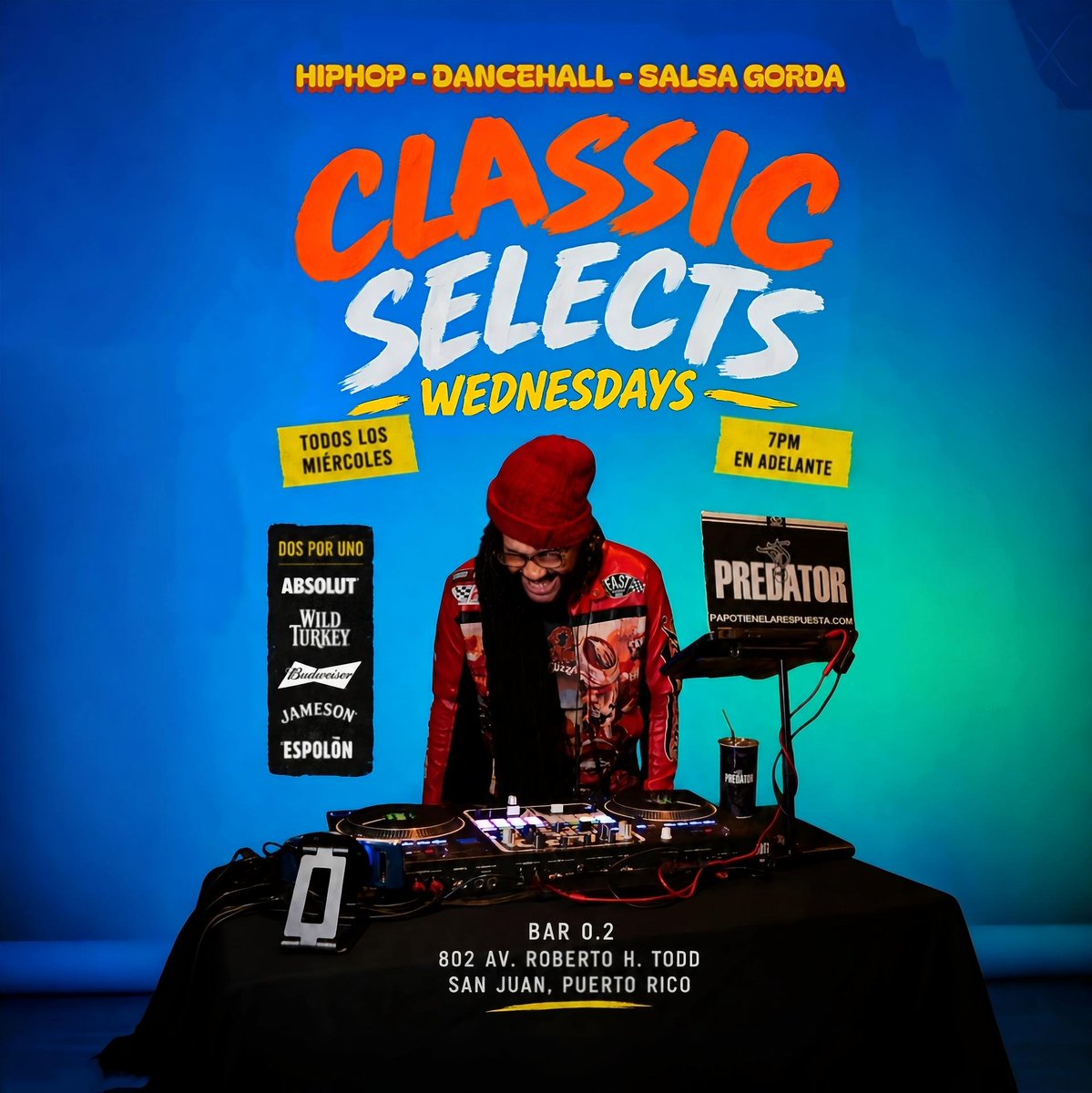 djpredatorpr's tweet photo. HIPHOP. DANCEHALL. SALSA GORDA.
TODOS los miércoles en Bar 0.2 🍻🎶

Classic Selects Wednesdays
desde las 7PM en adelante 😎

DJ Predator en los controles 🎧🔥

📍Bar 0.2
802 Ave. Roberto H. Todd
San Juan, Puerto Rico

#DJPREDATOR #ClassicSelects #Wednesdays #HipHop #Dancehall https://t.co/rXn2piqNO0