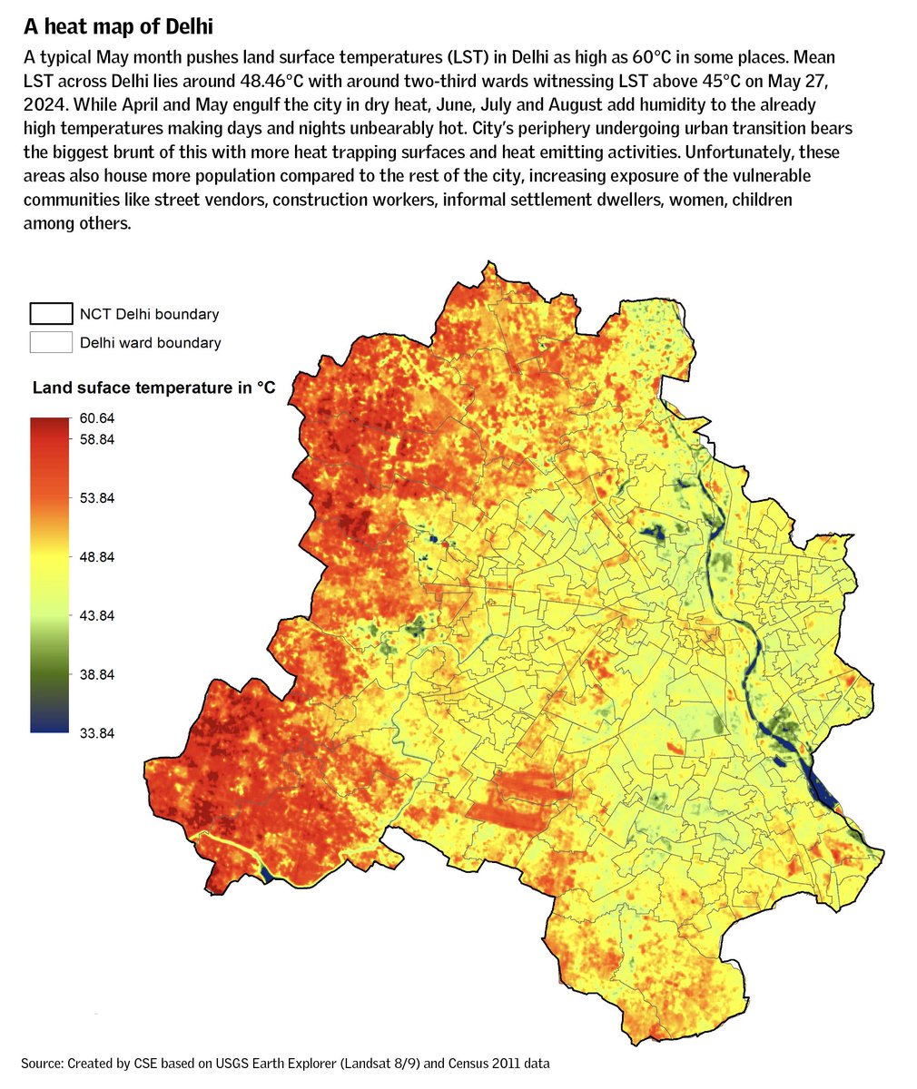 CSEINDIA's tweet photo. Delhi's heat is not felt equally. This heat map shows land surface temperatures across the city, with some areas touching 60°C during peak summer conditions.

Geospatial analysis finds that 76 per cent of Delhi's area is persistently heat-stressed, worsened by rapid urbanisation, heat-trapping surfaces and heat emitting activities.

The burden falls disproportionately on those who work and live outdoors or in poorly cooled environments, including construction workers, street vendors, sanitation workers and residents of informal settlements.

We are releasing our new report, "Making Delhi Heat-Resilient: A roadmap with the focus on vulnerable groups" on June 2nd. If you would like to join the release, register here: https://t.co/27xLehegLe