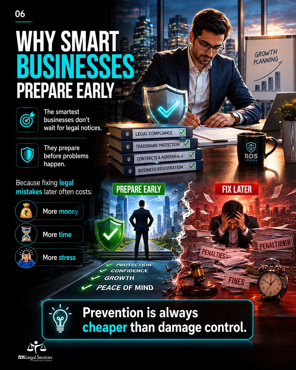 bdslegalserv's tweet photo. Great businesses aren't built on growth alone.

They're built on strong foundations.

✔ Trademark Protection
✔ Legal Compliance
✔ Business Registration
✔ Legal Documentation

The smartest businesses prepare before problems arise.
📞 1800 890 2172
🌐 https://t.co/lten5O5xRm https://t.co/t9E9z4taGs