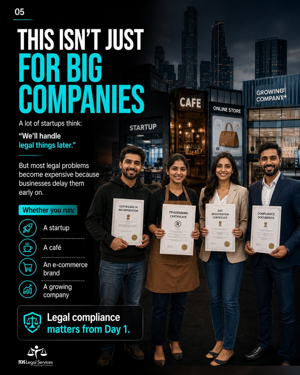 bdslegalserv's tweet photo. Great businesses aren't built on growth alone.

They're built on strong foundations.

✔ Trademark Protection
✔ Legal Compliance
✔ Business Registration
✔ Legal Documentation

The smartest businesses prepare before problems arise.
📞 1800 890 2172
🌐 https://t.co/lten5O5xRm https://t.co/t9E9z4taGs