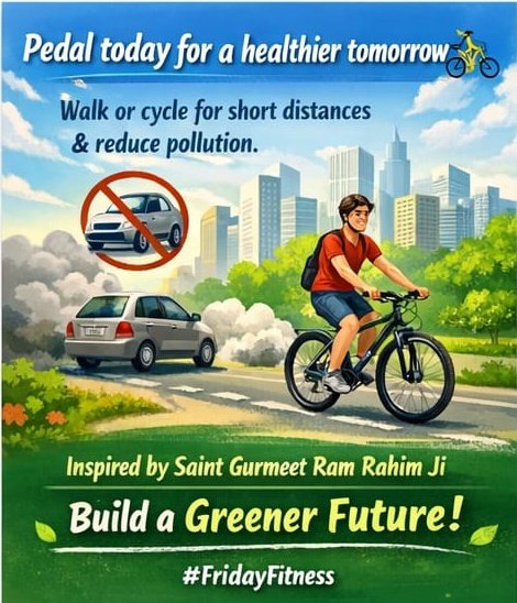 ShahGirl2503's tweet photo. Pedal for a healthier tomorrow ЁЯЪ┤тАНтЩВя╕П
The Cycle Campaign encourages walking or cycling for short distances. It keeps the body fit, cuts pollution, saves fuel, & builds a greener future. Inspired by Saint Gurmeet Ram Rahim Ji, many people are choosing #FridayFitnes & nature care. ЁЯМ┐ https://t.co/nfZc4hHqSR