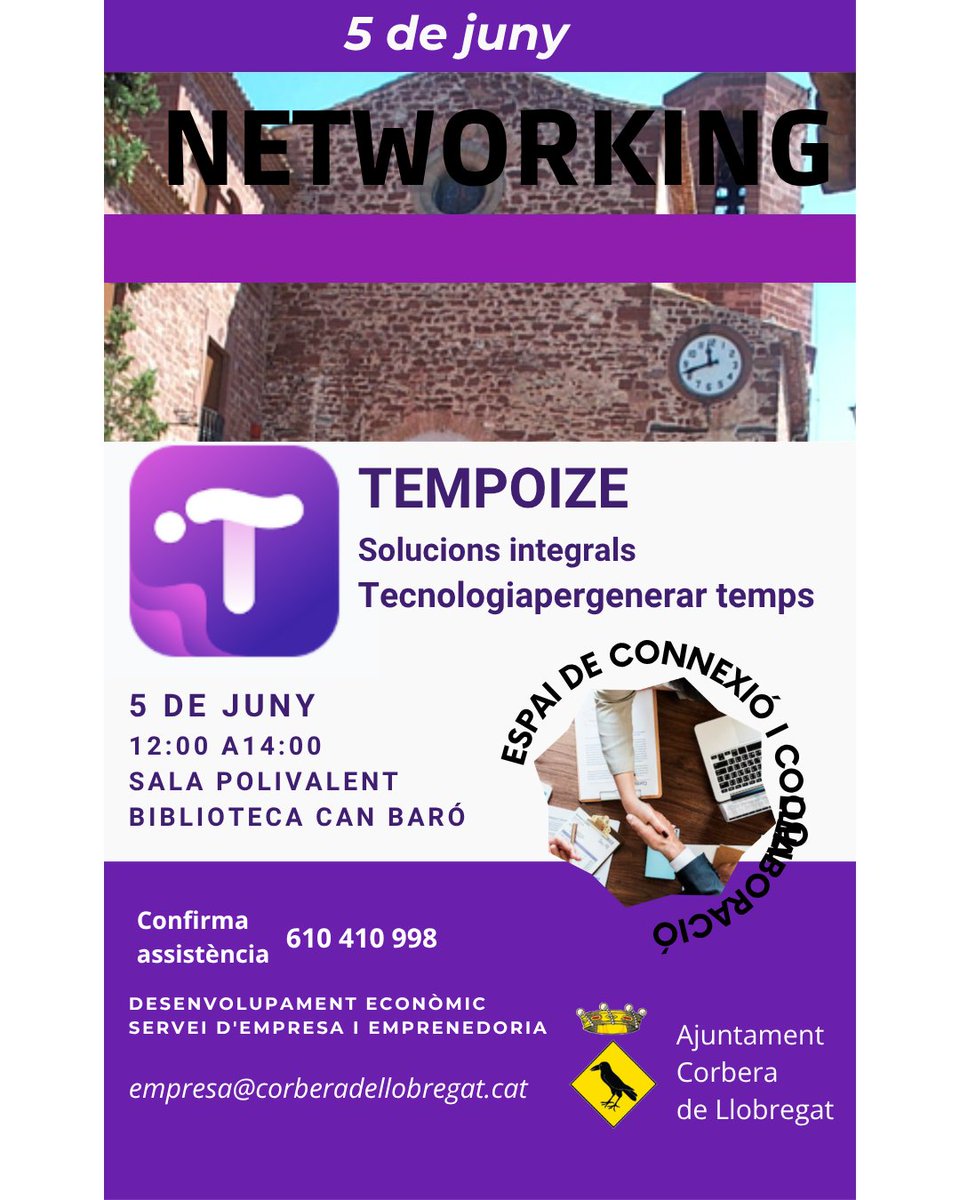 AjCorberaLl's tweet photo. NETWORKING CORBERA: TECNOLOGIA PER GENERAR TEMPS ⏰✨
Aquest juny, parlarem de com la tecnologia es posa al servei del teu temps!

5 de juny | ⏰ 12:00 a 14:00 h
📍 Sala Polivalent - Biblioteca Can Baró
✅ Confirma assistència:
📱 610 410 998
📧 empresa@corberadellobregat.cat https://t.co/JnWNsye5pz