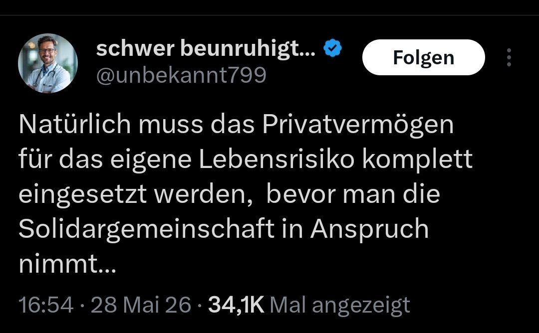 jessieTsaneikk's tweet photo. Ich lehne die Auffassung entschieden ab, dass das Privateigentum vollständig herangezogen werden muss, bevor ein Anspruch auf die Solidargemeinschaft besteht.

Eine Solidargemeinschaft, die denjenigen, die jahrzehntelang eingezahlt haben, erst das Ersparte nimmt, bevor sie Hilfe gewährt, hat ihren Charakter als gegenseitige Absicherung verloren und wird zu einem Instrument der Enteignung von Vorsorge.

Gleichzeitig wird jenen, die keinerlei Beitrag geleistet haben,  ohne vergleichbare Hürden alles auf dem Silbertablett serviert.

Diese doppelte Maßstäbe offenbaren eine tiefe Verkehrung von Gerechtigkeit – und einen erschreckenden Hass auf jene, die durch Arbeit und Sparsamkeit dieses Land erst ermöglicht haben.