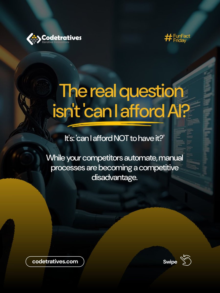 codetratives's tweet photo. 80% of businesses say AI automation paid for itself in under 6 months.
The real question was never "can I afford AI?"
It's can I afford NOT to have it?
Manual processes are now a competitive disadvantage.
We build automation systems tailored to your budget.
DM us Now https://t.co/xZ5ljg9g7k