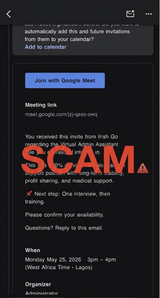 TuedonLisa's tweet photo. I almost got scammed by a fake remote job recruiter pretending to be an “Irish GO.
Biggest red flag?
They kept pressuring me to run a “system check” before even allowing me into the interview.
Please verify companies before downloading anything or sharing personal information. 🚩 https://t.co/vrrZzrox0G
