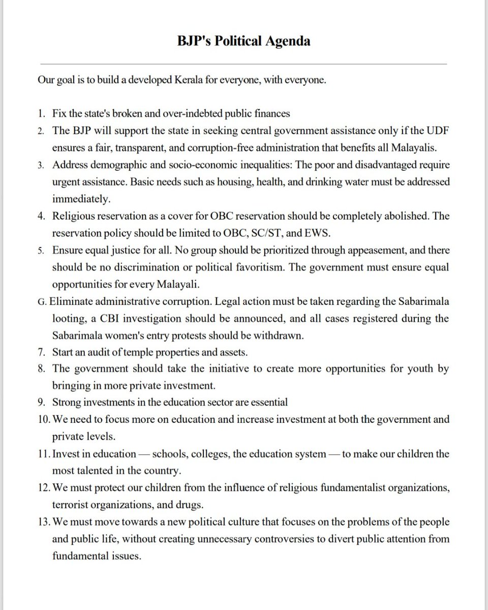 RajeevRC_X's tweet photo. Listened with rapt attention the @vdsatheesan govts agenda and vision of PuthuYuga Keralam articulated by Honble Governor @rajendraarlekar ji.

My response is this - 

▶️This is a promising vision if implemented sincerely (especially corruption-free governance, transparency etc) 

▶️Governance agenda reads like much of it was "inspired" by @BJP4Keralam manifesto/ vision of #VikasitaKeralam.😁

▶️However that this is Cong partys vision - a party that has governed Keralam many times, many decades and was a silent complicit opposition for last decade,  put Keralam and Malayalees in todays difficult situation - leads to more questions about intent and ability than giving confidence that we are going to see real change.

If the Keralam govt is sincere and honest about bringing change, changing even Congs track record of corruption and misgovernance, then there can be hope else it will be like most Cong promises - fake & unfulfilled.

@BJP4Keralam's  political agenda (attached) and goals are clear and we will push for those in assembly 👍🏻🙏🏻