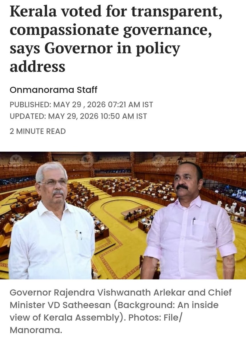 RajeevRC_X's tweet photo. Listened with rapt attention the @vdsatheesan govts agenda and vision of PuthuYuga Keralam articulated by Honble Governor @rajendraarlekar ji.

My response is this - 

▶️This is a promising vision if implemented sincerely (especially corruption-free governance, transparency etc) 

▶️Governance agenda reads like much of it was "inspired" by @BJP4Keralam manifesto/ vision of #VikasitaKeralam.😁

▶️However that this is Cong partys vision - a party that has governed Keralam many times, many decades and was a silent complicit opposition for last decade,  put Keralam and Malayalees in todays difficult situation - leads to more questions about intent and ability than giving confidence that we are going to see real change.

If the Keralam govt is sincere and honest about bringing change, changing even Congs track record of corruption and misgovernance, then there can be hope else it will be like most Cong promises - fake & unfulfilled.

@BJP4Keralam's  political agenda (attached) and goals are clear and we will push for those in assembly 👍🏻🙏🏻
